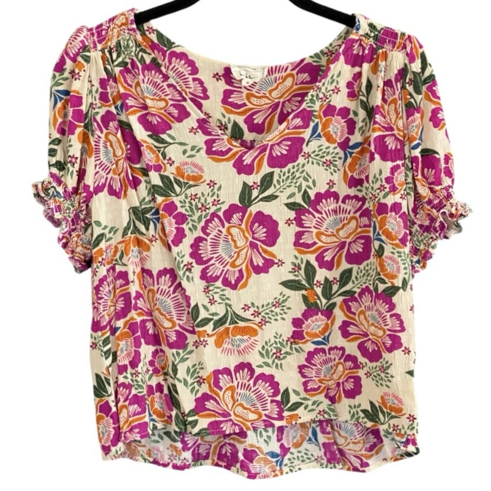 Artelier x Nicole Miller Floral Puff Sleeve Top S Pink Whimsical Fairy Cottage